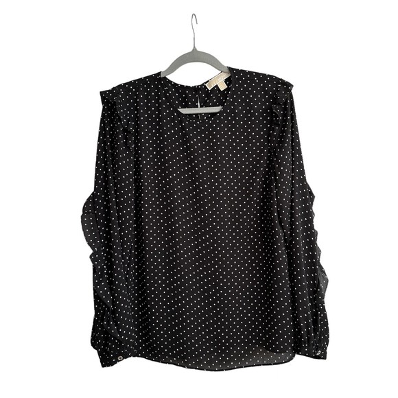 Michael Kors Women's Blouse Medium Ruffle Long Sleeve White Stars Print on Black - Picture 4 of 12
